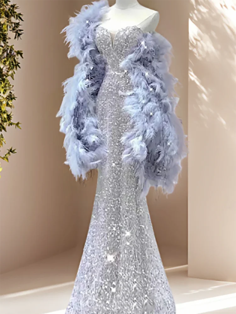 Luxury Sequined Sleeveless Feather Beading Mermaid Evening Dresses Birthday Party Prom Gowns Customized