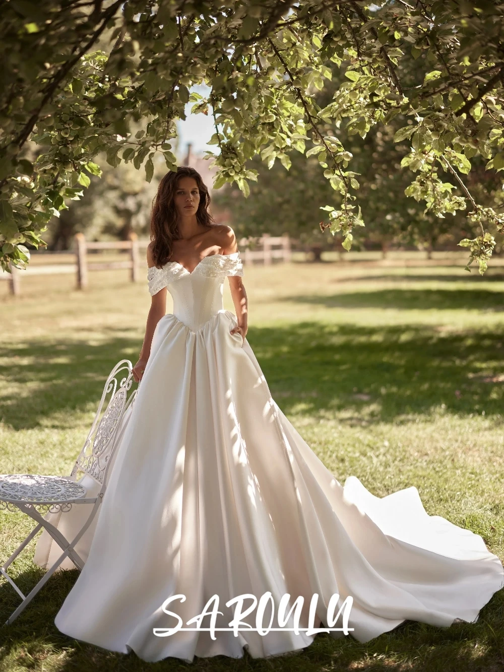 

2026 Premium Satin Off Shoulder Wedding Dress Simple Ball Gown For Women Customized Elegant Lace Fitted Waist Long Bride Wear