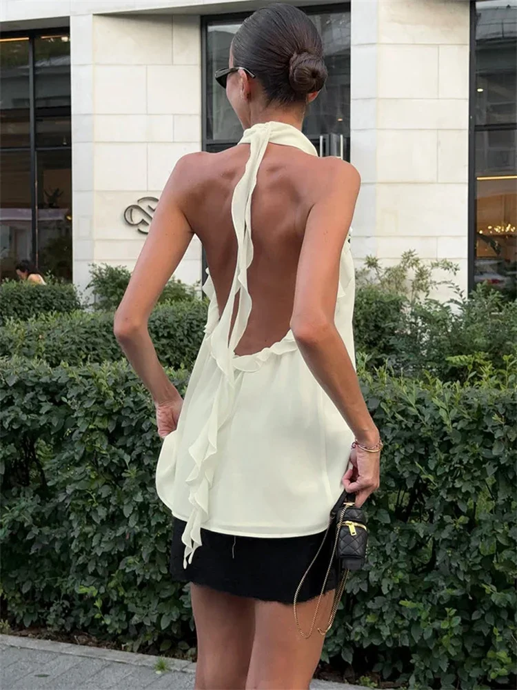 

Casual Ruffled Chiffon T-shirt Top For Women Loose Backless Summer 2026 Off-Shoulder Commute Pullover Female Sexy Top Tee