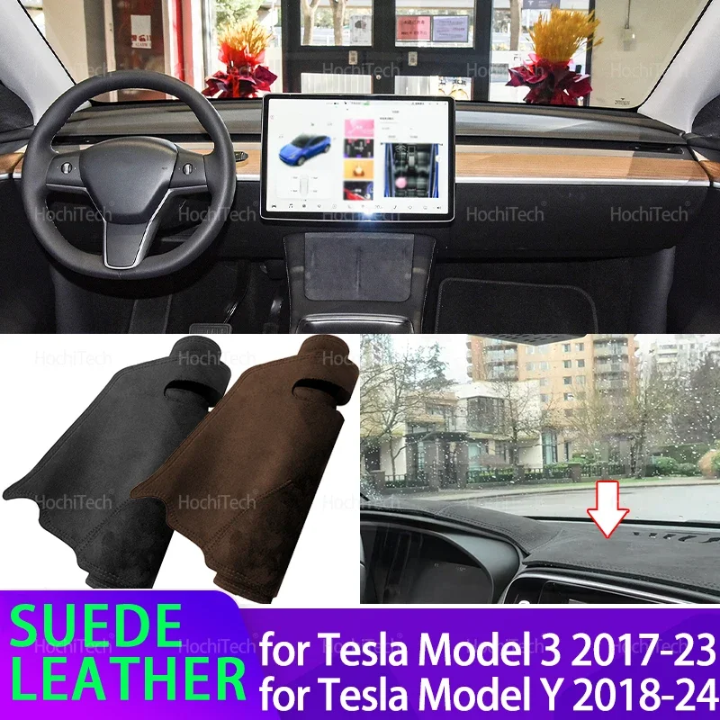 For Tesla Model 3 2017-2023 Model Y 2018-2024 Car Black Suede Leather Dashboard Cover Dash Mat Carpet Cape Cushion Dashmat Pad