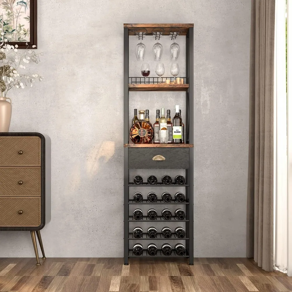 Wine Rack Freestanding Floor, Bar Cabinet for Liquor and Glasses, 4-Tier bar Cabinet with Tabletop, Glass Holder