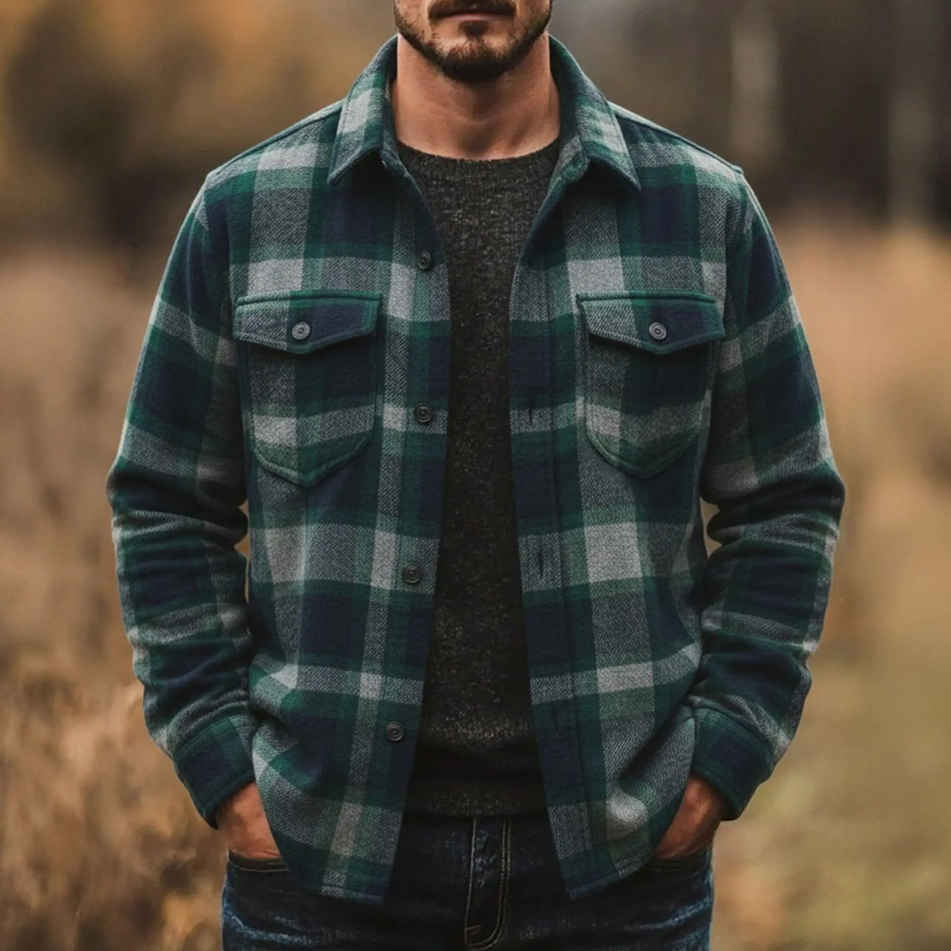 

Classic Plaid Pattern Men's Long Sleeve Shirt Outdoor Casual Loose Fit Pocket Detail Polyester Fabric Daily Wear Winter Season