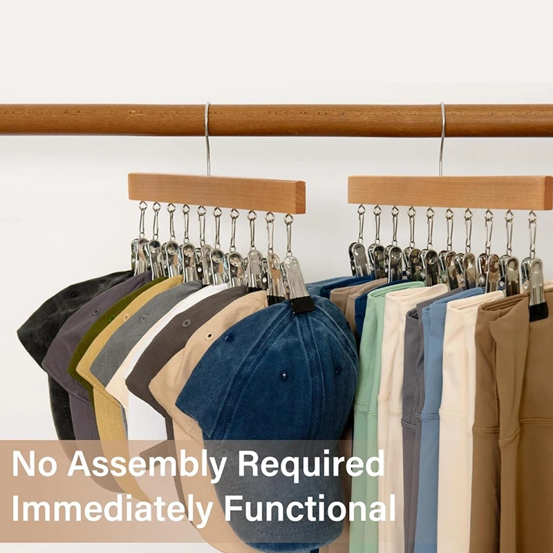 Wood Hanger For Pants, Wooden Pants Hangers With 12 Nonslip Clips, Set Of 2 Legging Organizer For Closet