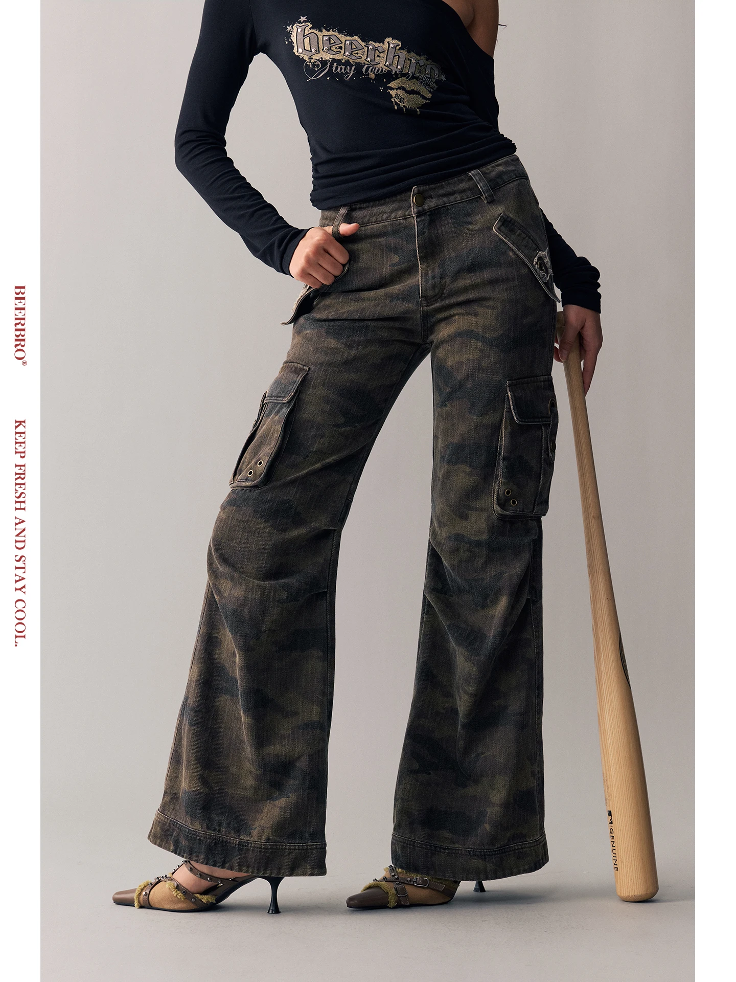 

BeerBro Vintage Waed Camouflage Slim Micro Flared Casual Pants mid Low Waist Button Cotton Retro Sound Wave Ladies Jeans