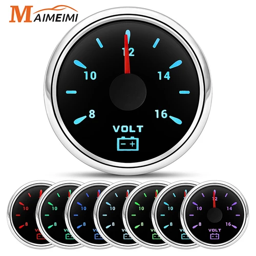 Voltímetro con puntero de 52MM, medidor de voltaje con retroiluminación de 7 colores resistente al agua, 8-16V, 16-32V voltios para coche de 12V y 24V, barco, yate, RV, marino
