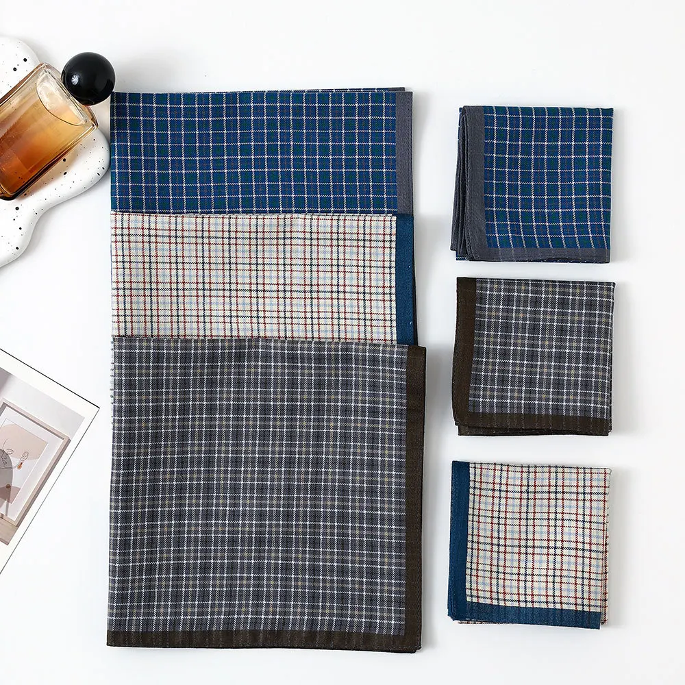 100% Cotton Handkerchief Plaid Pocket Square, Yarn Dyed Satin Stripe Thin Soft Sweat Towel Business Gentleman Daily Hanky