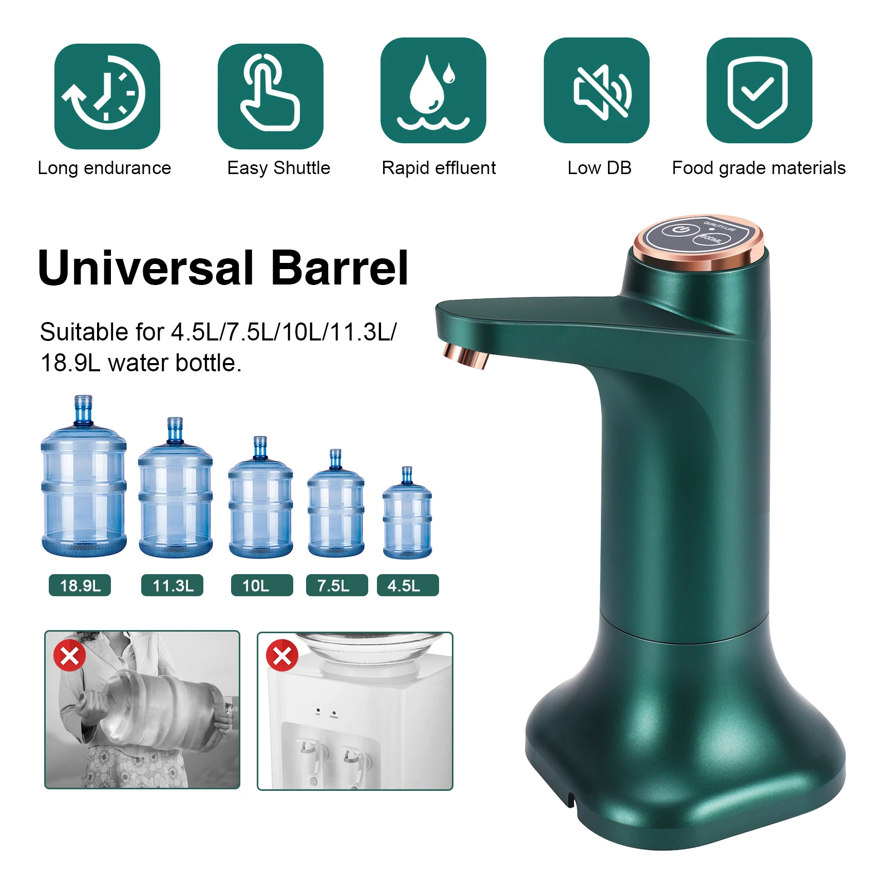 เครื่องปั๊มน้ําขวดไฟฟ้าพร้อมฐาน USB ตู้น้ํา เครื่องปั๊มน้ําอัตโนมัติแบบพกพา ถังใส่ขวด - สีเขียว