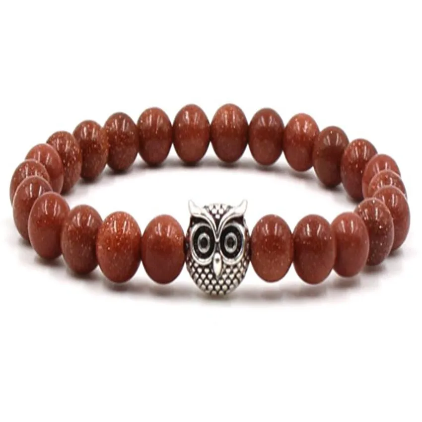 

8mm Aventurine Gemstone owl Mala Bracelet 7.5 inches Stackable Link Bangle Unisex Charm Handmade Wrap Prayer