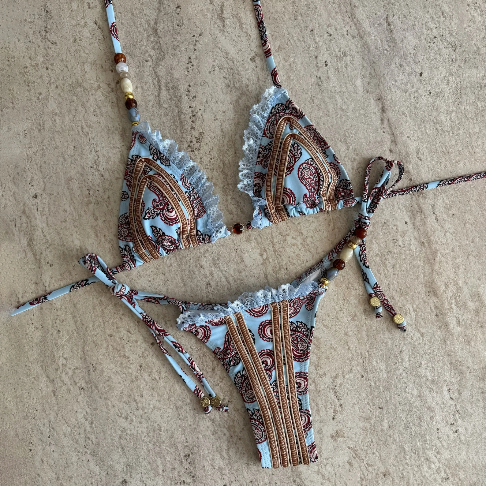 3Pcs Micro Bikini Set 2026 Sexy Women Swimsuit Female Push Up Swimwear Beads Bikini Bandeau Biquini Print Bathing Suit Beachwear