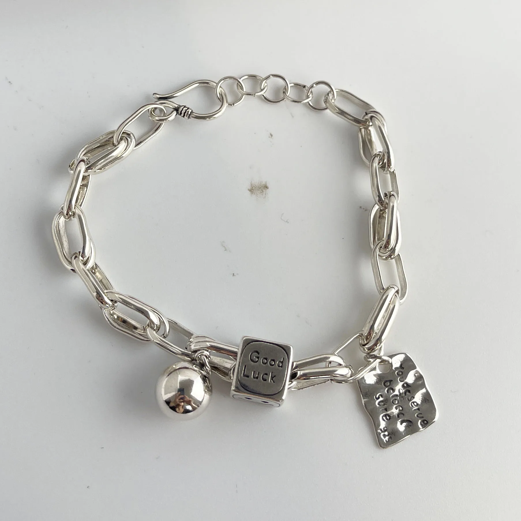925 Sterling Silver "Good Luck" Charm Link Bracelet - Image 6