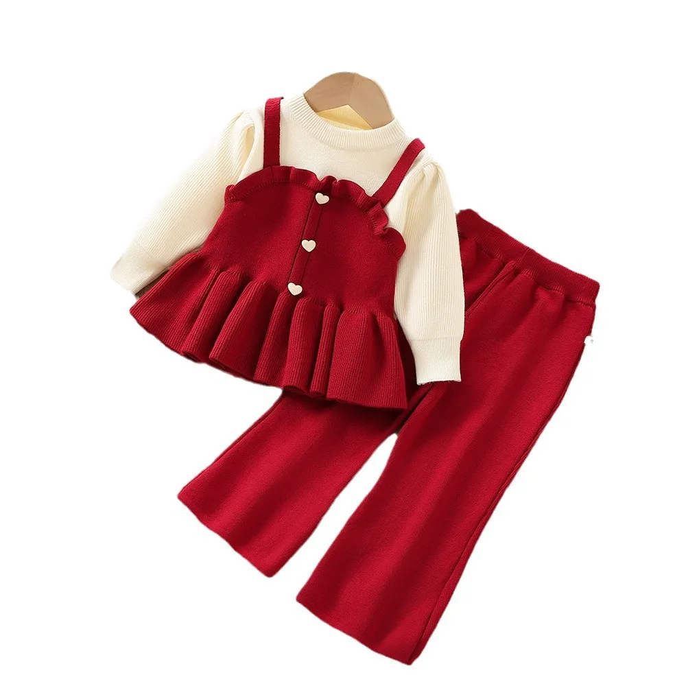 Girls' sweater set 2024 autumn/winter new fashion girls fake two knitted long-sleeved tops + pants two sets 2-6 years old