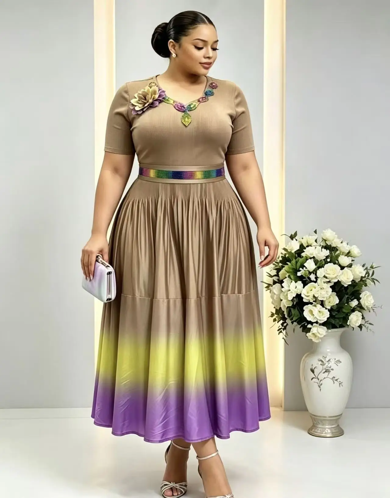 Miyake Summer 2026 New Pleated Gradual Change Color Dress Three-dimensional Flower Loose Short-sleeved Women's Clothing Dress
