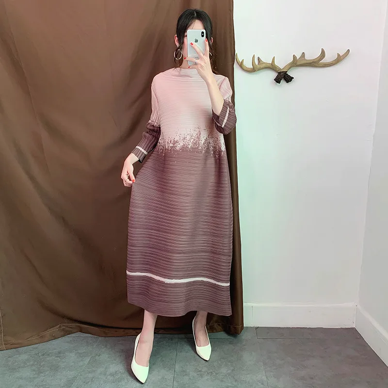 Miyake Pleated Maxi Dress for Women 2024 New Color Block Printed O-Neck Long Sleeves Loose Dresses Female Clothing Summer
