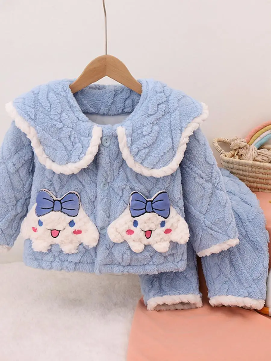 

Комплект домашней одежды из хлопкового фланеля Thiened Tee-Layer для девочек, теплая пижама из кораллового флиса, детская зимняя одежда