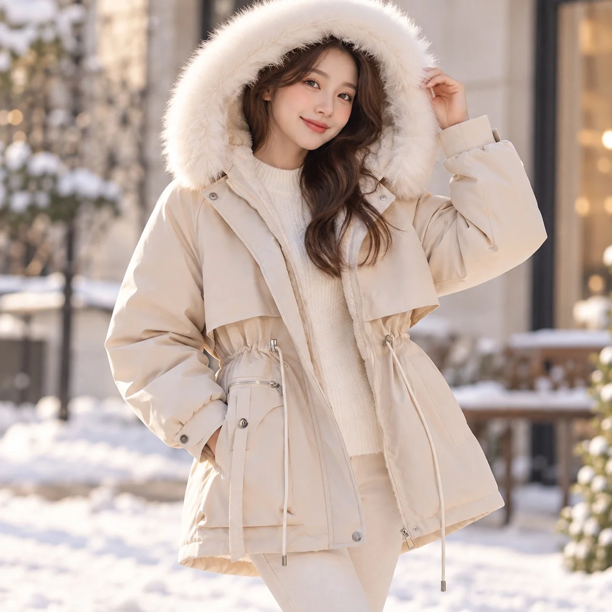 Thick Hooded Coat Mid Length Japanese Korean Casual with Slim Fit Regular Sleeve Pockets Zipper Closure Winter for Women