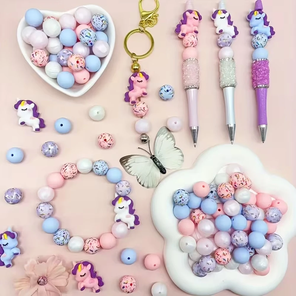 25/32/55PCS 3D Rainbow Unicorn Silicone Bead Set, Perfect for DIY Handmade Crafts Such as Keychains, Necklaces, Bracelets, Etc
