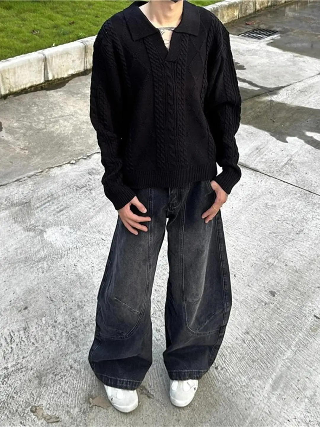 

Винтажный трикотаж American Sle, свободный повседневный свитер с воротником для мужчин и женщин, удобный свитер средней длины, осень