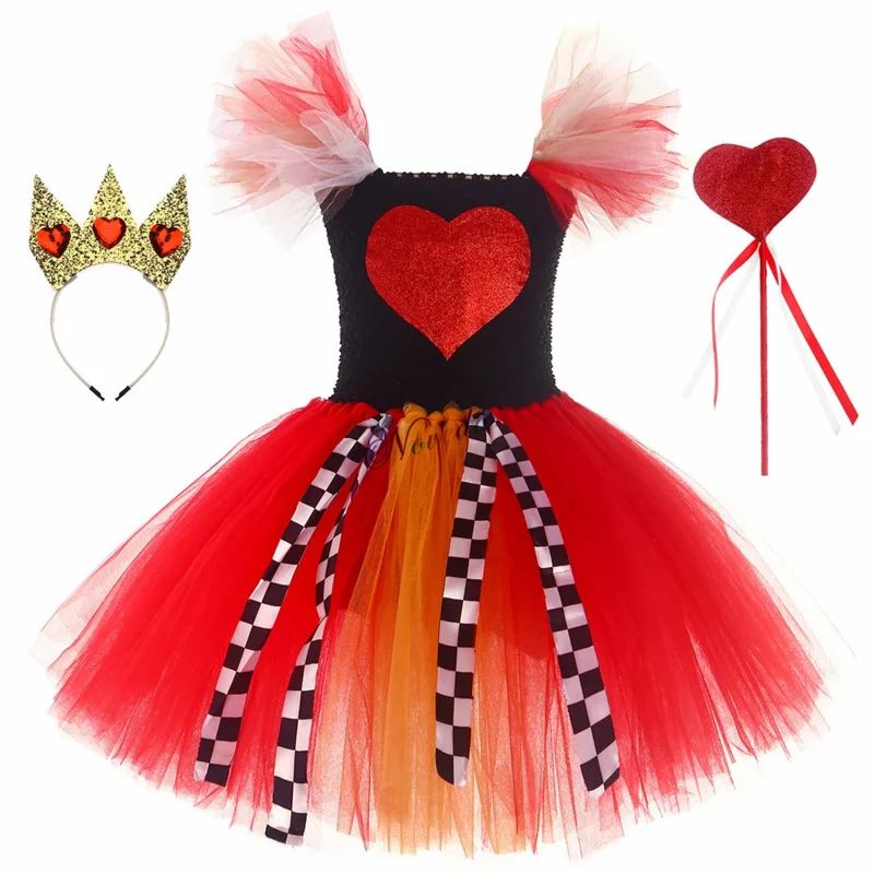 Alice Queen Of Hearts Costume Kids Red Queen in Wonderlands Cosplay Costume Crown Baby Girls Halloween Birthday Party Dress