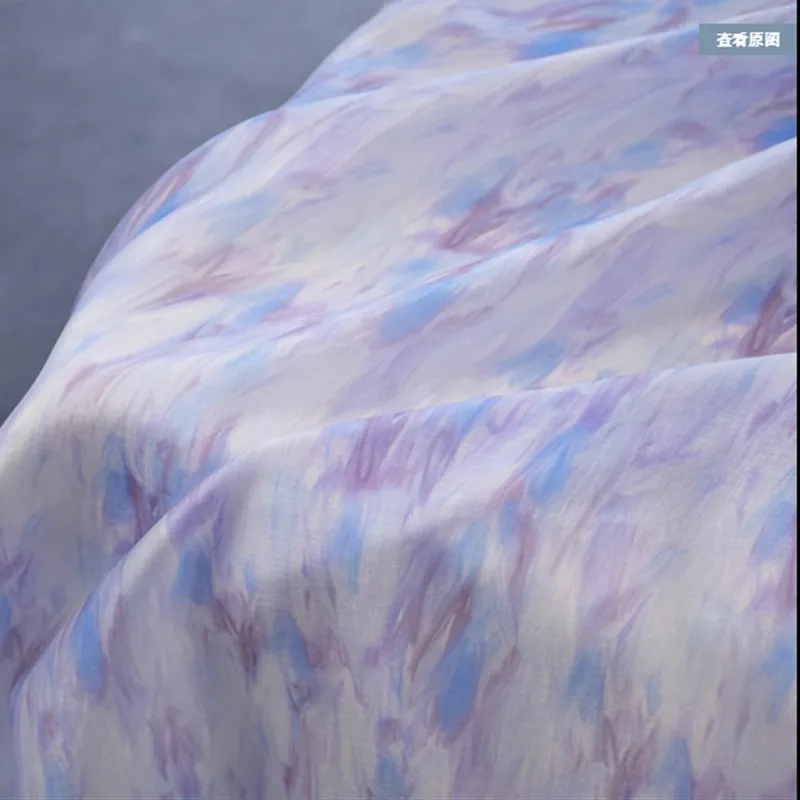 Digital Print Sky Silk Fabric for Shirt Dress, Cheongsam Han Cloth, Abstract Blue and Purple Smudge, High Quality, T2029