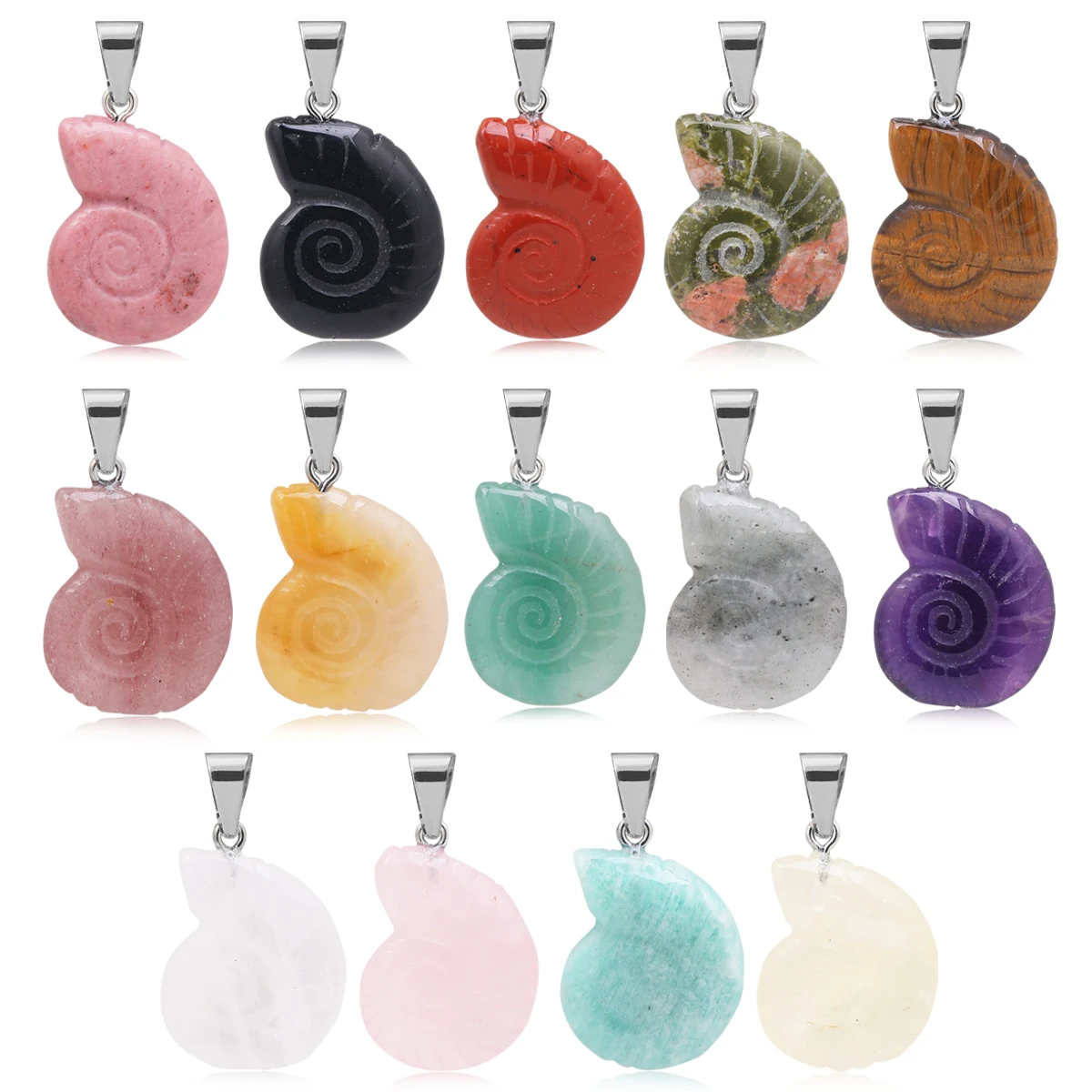 Ocean-style Vintage Versatile Conch Natural Stone Crystal Jade Amethyst Tiger Eye Pendant With Zirconia Inlay Jewelry Parts