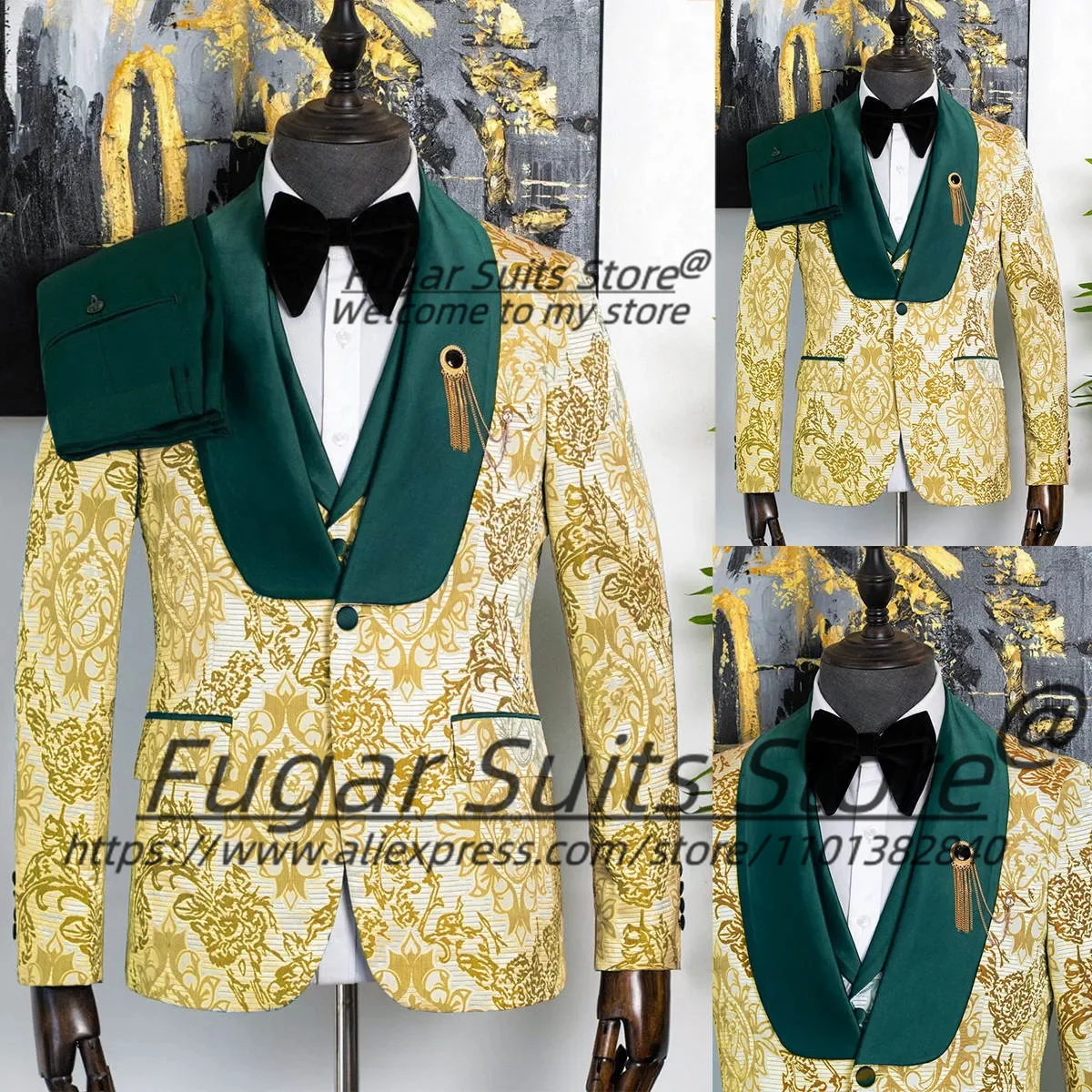

Elegant Gold Jacquard Groom Wedding Tuxedos Customized Slim Shawl Lapel Men Suits Formal 3Pcs Sets Male Prom Blazers Ropa Hombre