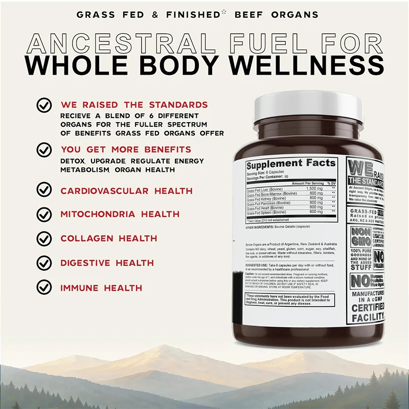 Grass Fed Beef Visceral Supplement 4500mg, Liver, Bone Marrow, Heart and Kidney, Non GMO, Gluten Free, 60 Capsules