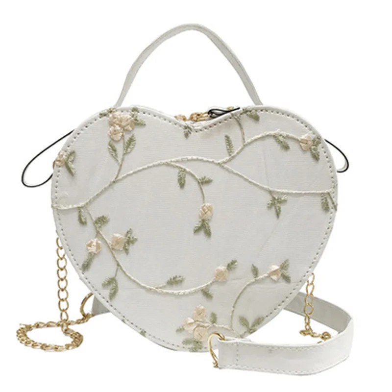 Bolso de mano redondo con corazón de encaje para mujer, bolsos cruzados de cuero PU de alta calidad, bolsos de hombro con cadena de flores frescas pequeñas