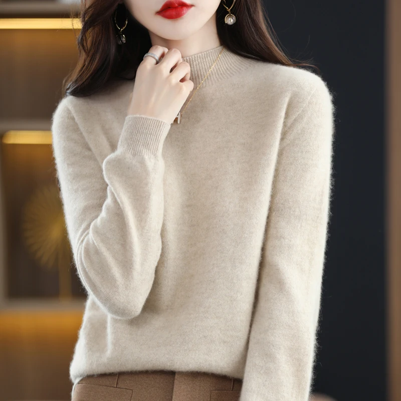 Autumn And Winter Women\'s Pullover 100% Pure Wool Seamless Ready-To-Wear Semi-High Collar Skin-Friendly Fashion Knitted Sweater