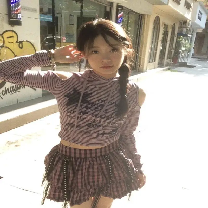 Nploe אופנתי y2k רזה כל-התאמה וינטג 'חולצת טי אמריקה פס כוכב moda את הכתף סגנון הפאנק mujer חדש כל-התאמה צמרות