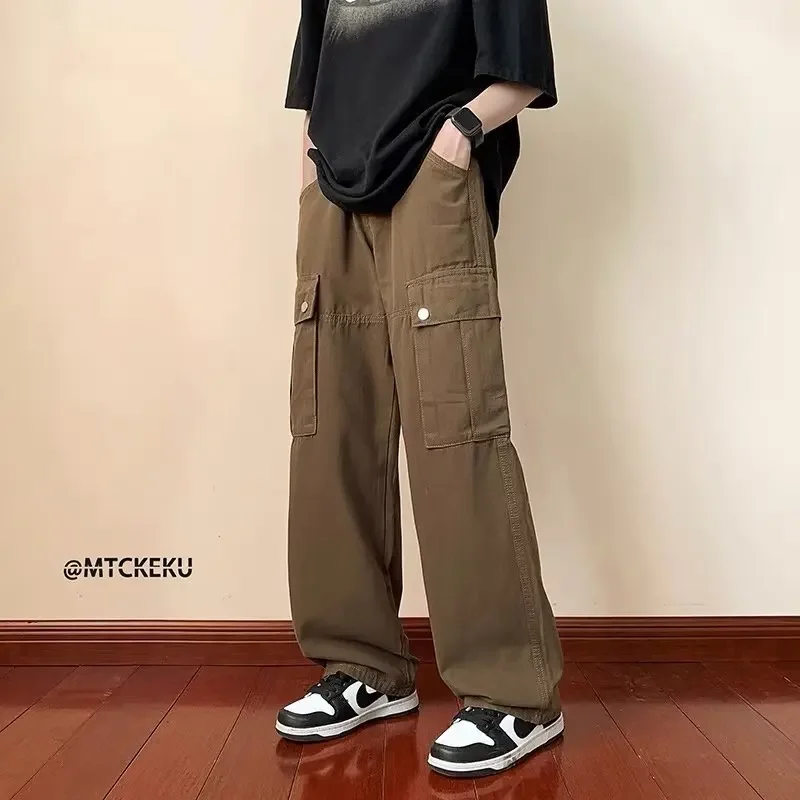 Pure Cotton Kaki Cargo Pants For Men Spring Autumn Vintage Street Style Casual Pants Loose Fit Straight Leg City Boy Trousers