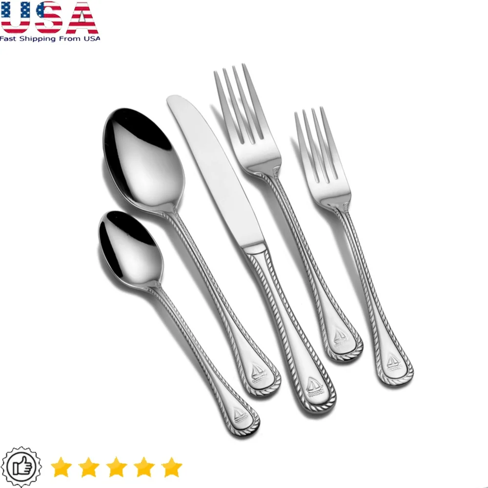 

20-Piece Nautical Stainless Steel Flatware Set Service 4 with Dinner Forks Knives Spoons Salad Utensils Dishwasher Safe Durable