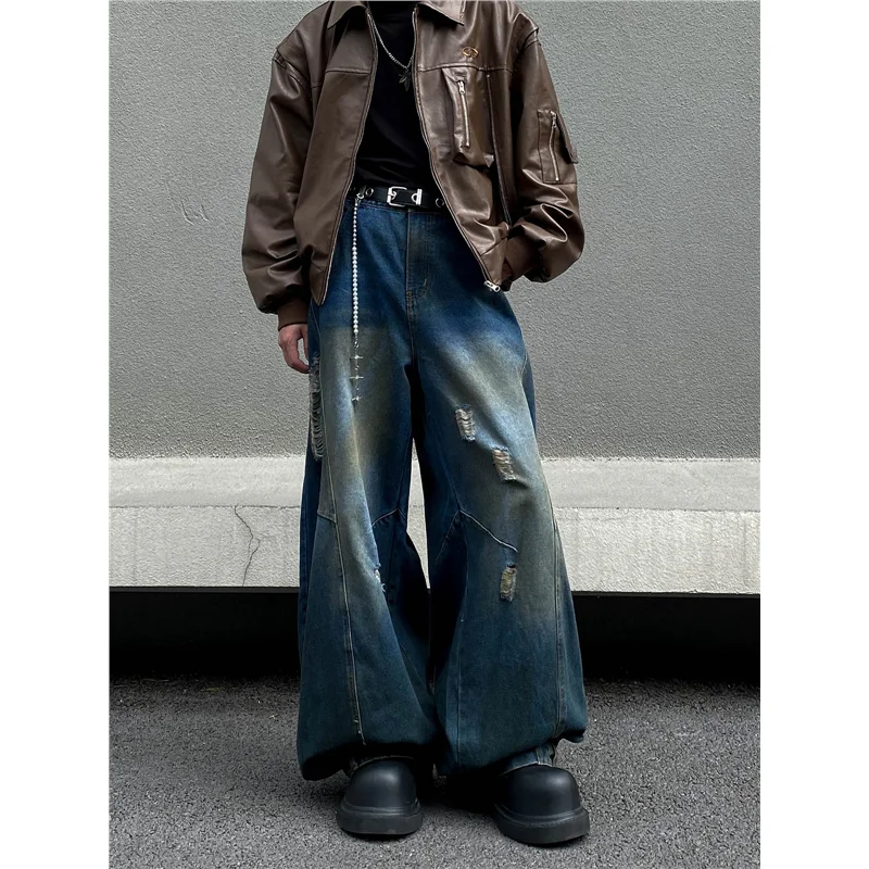 

plus Size 300 Pounds Denim Jeans Men Women Ripped Irregular Design Loose Casual Wide Leg Pants Autumn Winter Special Edition