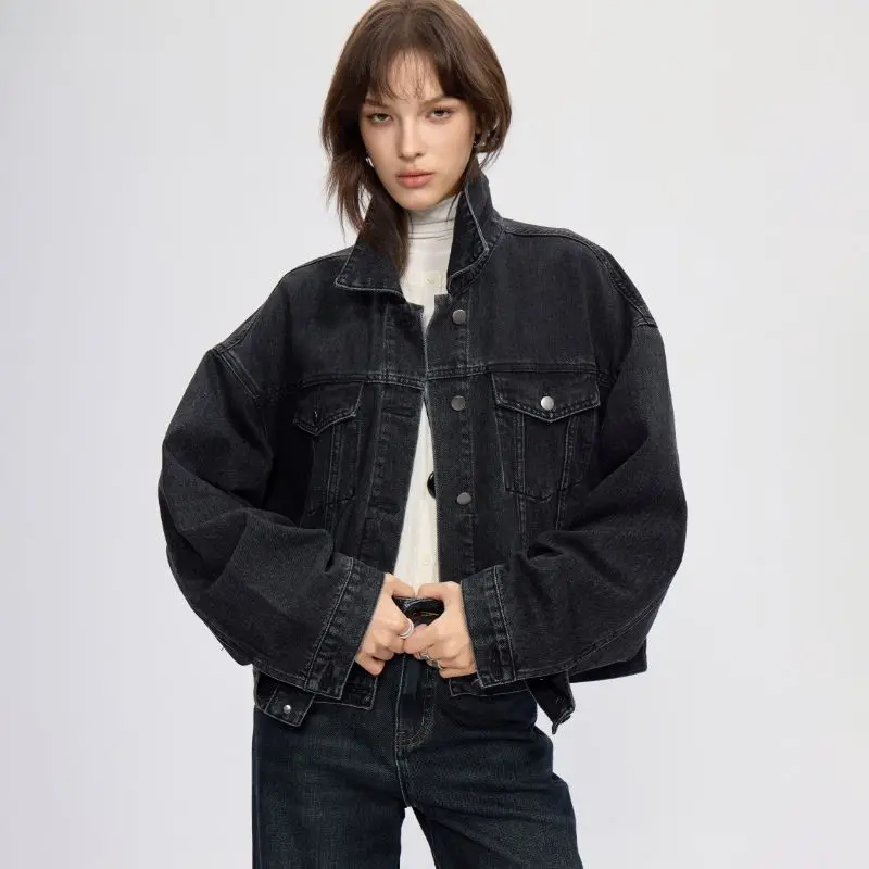 

Loose vintage grey vintage Splice Short denim jacket woman Autumn Winter Casual Denim Coat Female