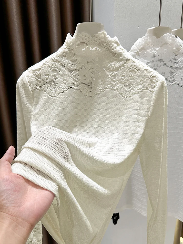

Мягкая шифоновая кружевная вязаная кофта с высоким воротником для женщин, весна-осень 2026, новая модель, для офиса, в корейском стиле, прямого кроя