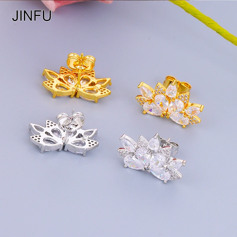 JINFU Gold-plated Stud Earrings for Women Classic Piercing Cubic Zirconia Crown Women's Stud Earrings 2023 Jewelry Wholesale