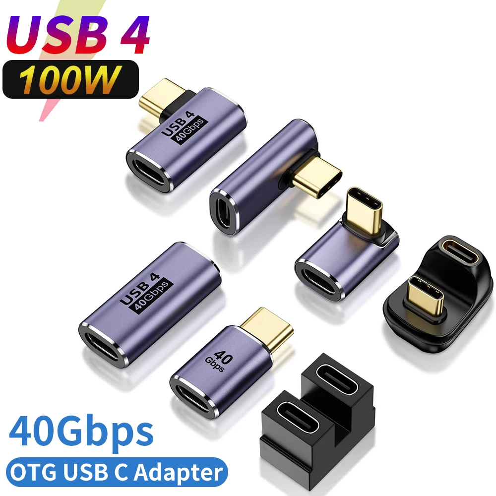 USB4 40Gbps OTG Adapter 100W Fast Charging Data Converter Type C to USB C Female 90 Degree Elbow Adapter for Laptop Tablet Phone