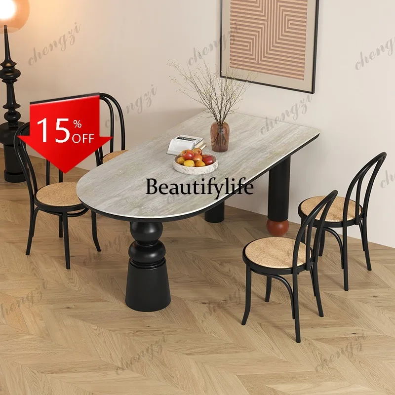D80 French retro solid wood dining table high-end slate small apartment creative semi-oval island dining table