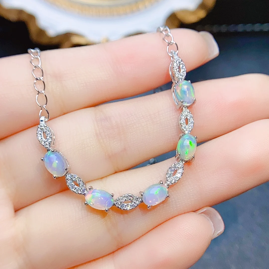 

FS 4*6mm Natural Opal Simple Bracelet Real S925 Sterling Silver for Women Fine Weddings Jewelry With Certificate MeiBaPJ