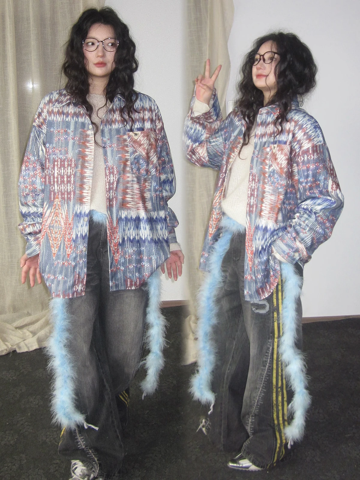 

JDL MODE Spring 2025 Women's Casual Long Sve irt Vintage Hippie Turn-down Collar Patchwork Color Loose Fit Polyester