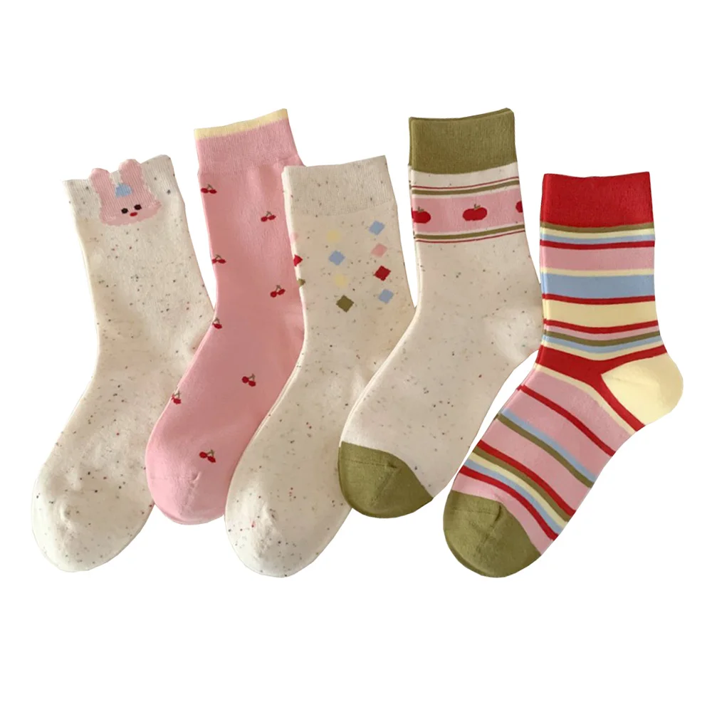 

5 пар/лот, милые женские носки с героями мультфильмов, модные полосатые носки с фруктовым принтом, уличный стиль, женские средние носки-трубы