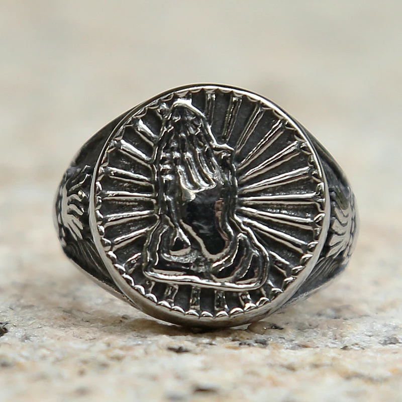 Vintage Gold/Silver Color Christ Prayer Signet Ring Men Women Crown Heart 316L Stainless Steel Biker Ring Fashion Lucky Ring