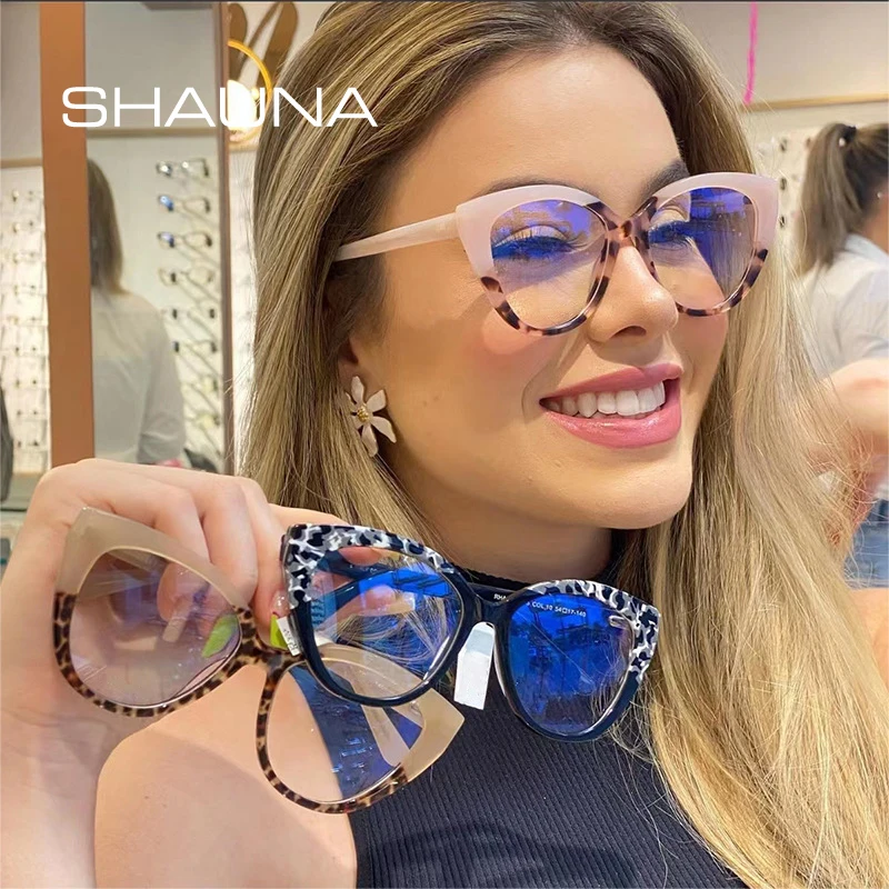 SHAUNA Retro TR90 anty-niebieskie światło kocie oko damskie okulary rama moda zawias sprężynowy mężczyźni kolorowe Leopard oprawki optyczne