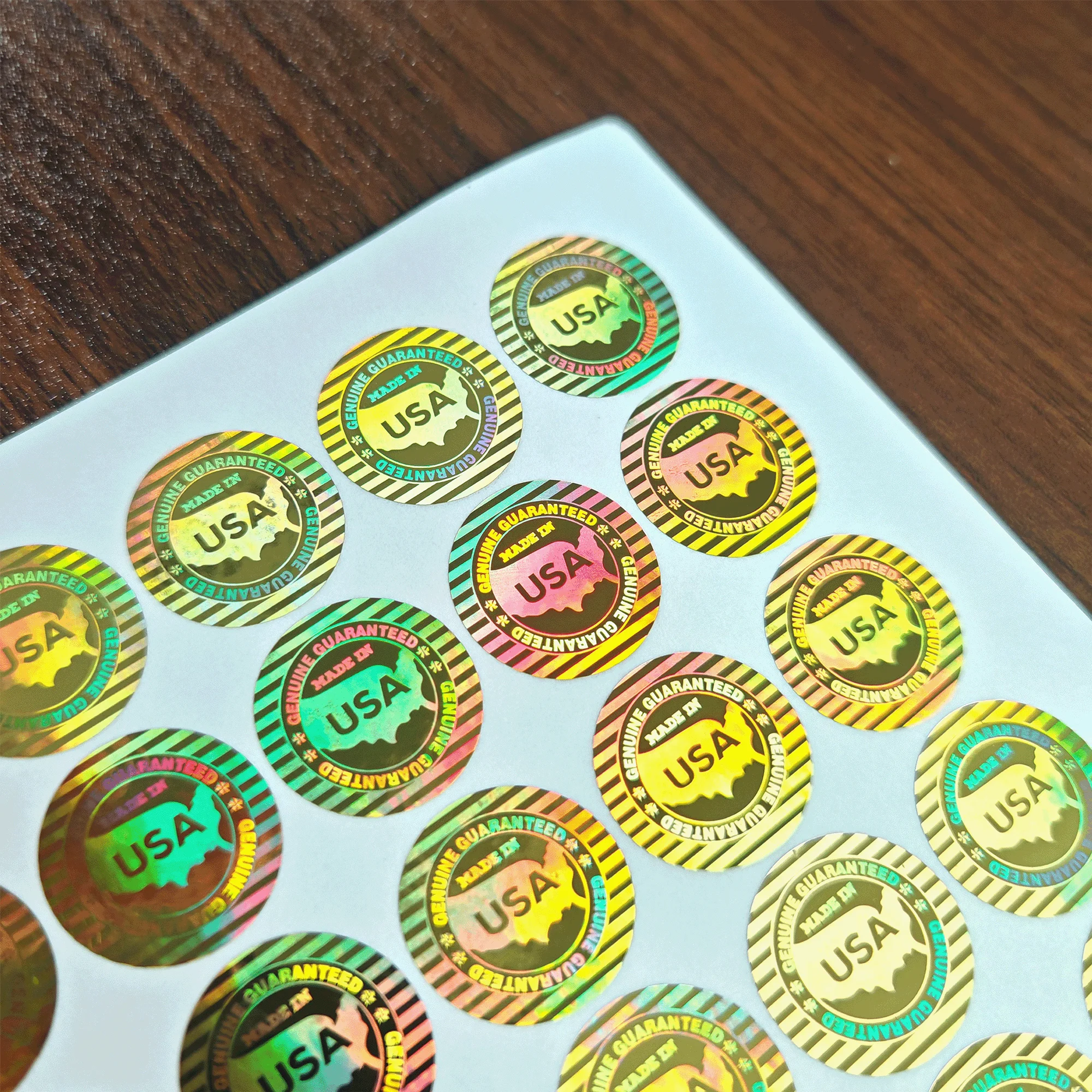 Naklejka hologramowa laserowa 20mm zabezpieczająca przed podrabianiem, etykieta gwarancyjna, plomba zabezpieczająca przed otwarciem, gwarancja, wyprodukowano w USA, naklejka do opakowań. — zdjęcie produktu 6