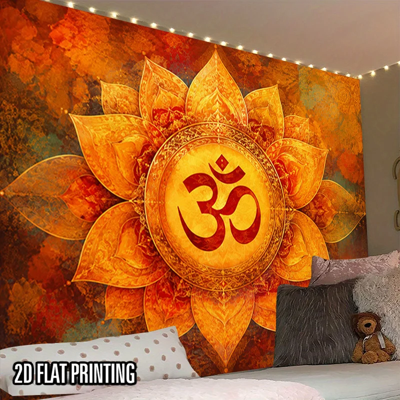 Yoga Om Lotus Tapestry, Golden Floral Vintage Texture Art Wall Hanging Spiritual Meditation Bedroom Home Wall Art Decor