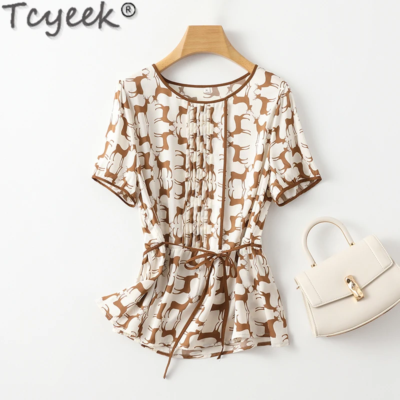 

Tcyeek 91% Mulberry Silk Blouse Women Summer Clothes Short Sleeve Womens Tops Fashion Top Elegant Female Blouses Blusa Feminina