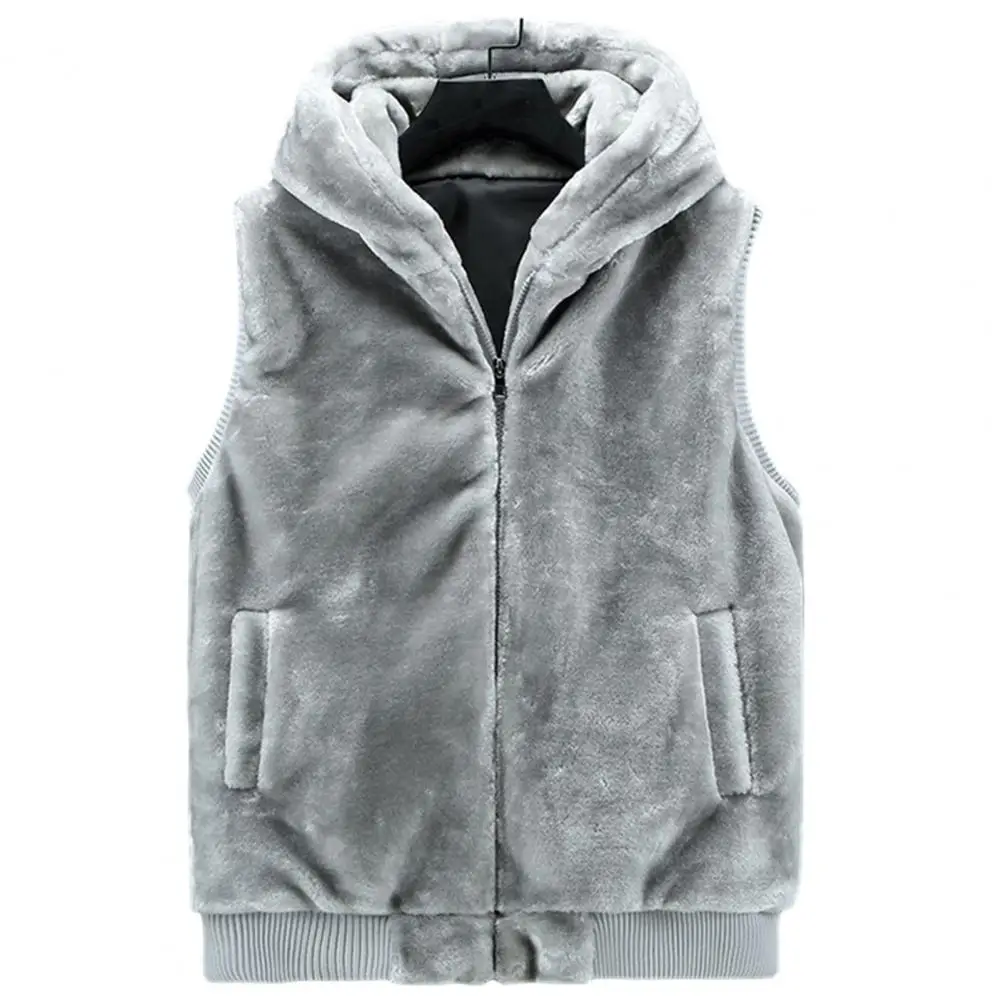

Men Winter Vest Soft Plush Faux Fur Hooded Sleeveless Thickened Zipper Closure Pockets Cardigan Warm Mid Length Waistcoat