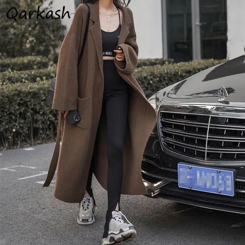 

Long Cardigan Women Autumn Winter Kinitted Sweater Loose Elegant Fashion Casual Korean Style Patchwork Solid Simple All-match