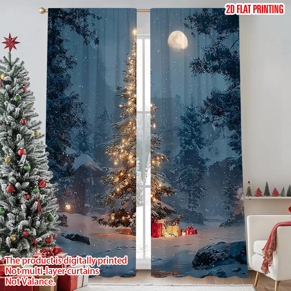 

2pcs 2D flat printing Christmas Curtain Snowy Christmas Tree Polyester Without Electricity Holiday Decorations Perfect for room