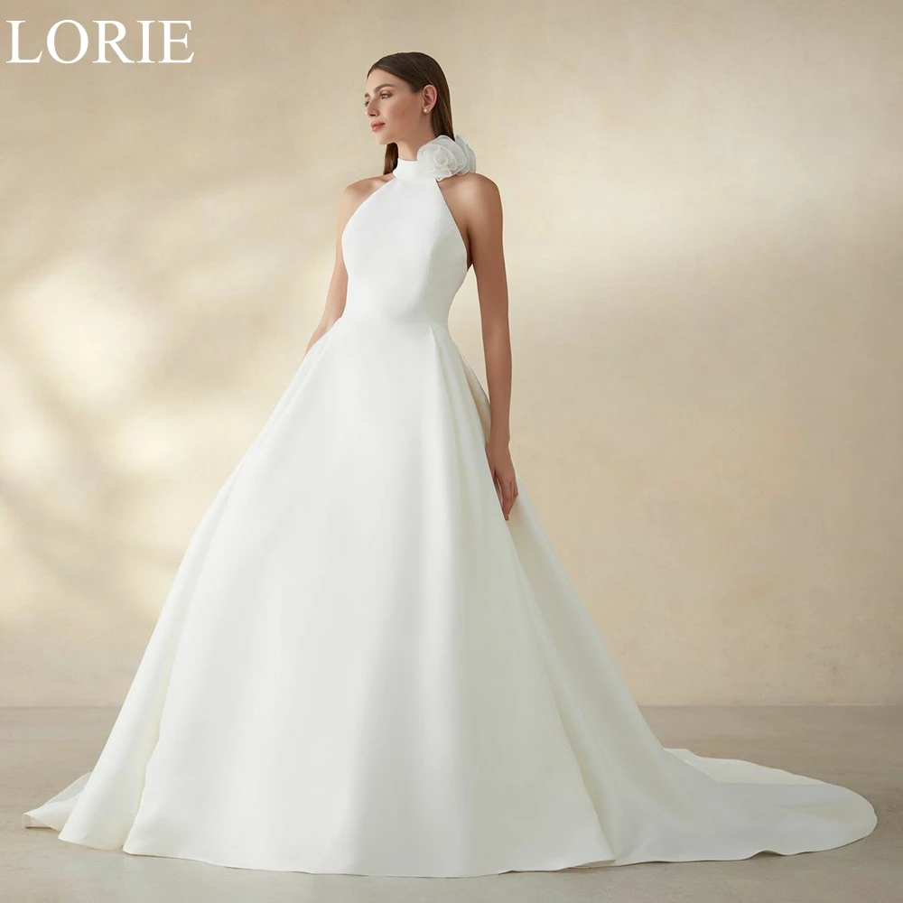 LORIE Sexy Ivory Wedding Dresses High Neck A-Line Sleeveless Flowers Backless Long Bride Prom Gown 2025 Bridal Gowns Customized