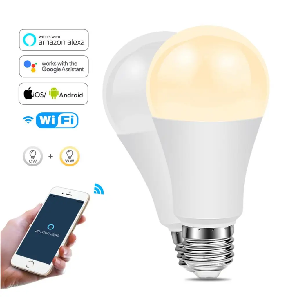 Dimmable 15W E27 WiFi Smart Light Bulb LED Lamp CCT White+Warm White  APP Smart Timer Compatible with Amazon Alexa Google Home